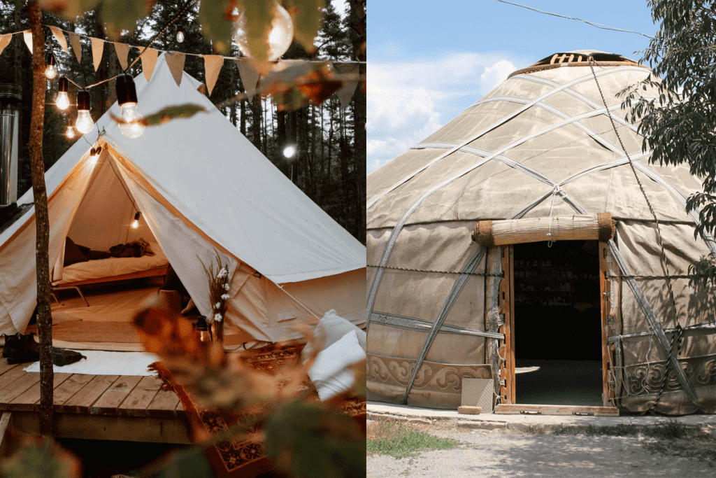A comparison photo that shows the difference between a bell tent and a yurt form the outside.