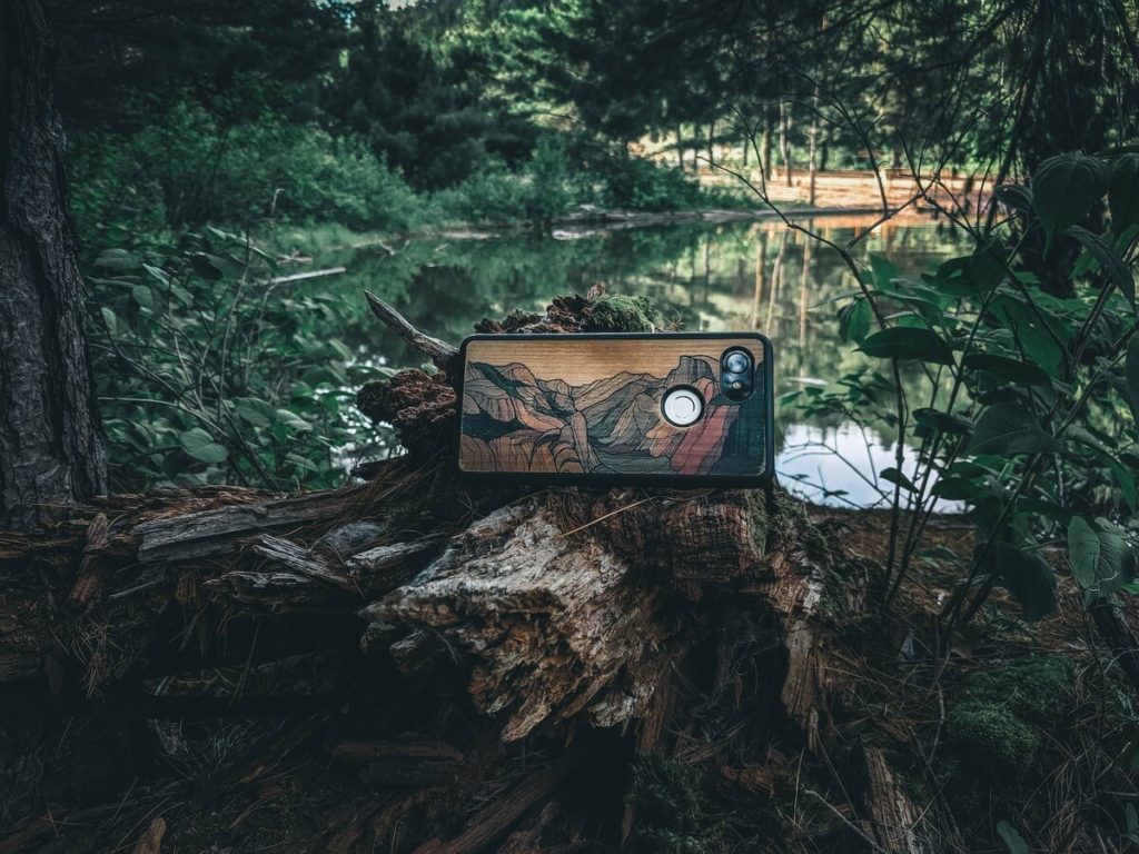 This picture shows a phone laying on fallen wood in the Scottish wilderness, perfectly depicting the apps that can be used in Scotland when wild camping.