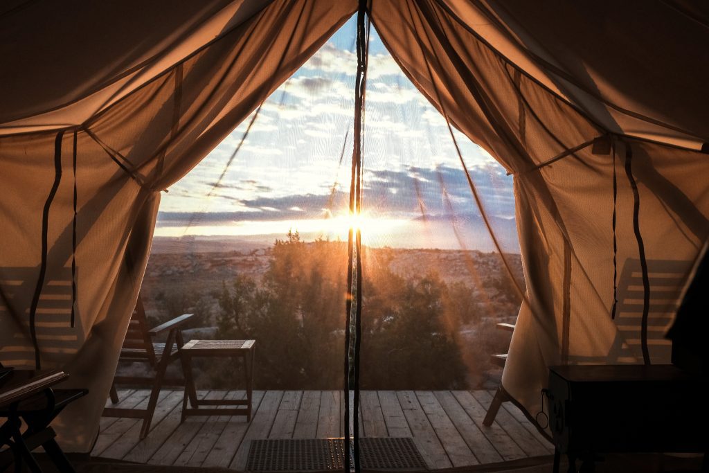 inside of a yurt looking out of curtain