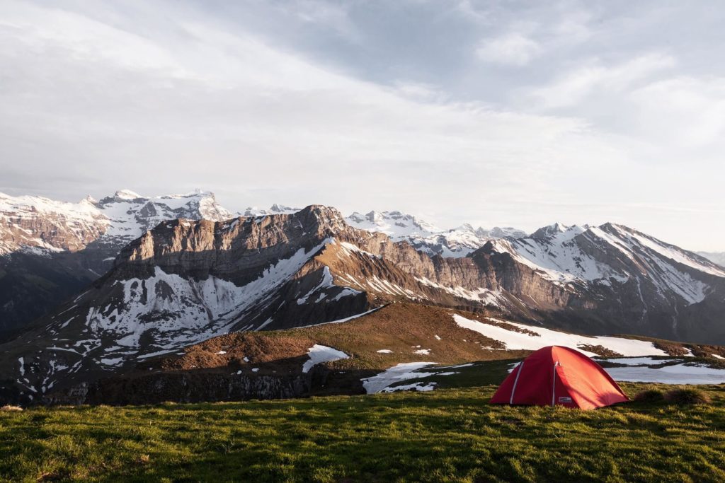 mountain range with tent