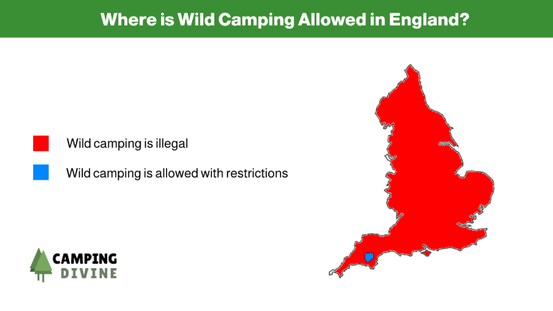This is a map of England that shows where wild camping is allowed, including the areas that are illegal and the areas where wild camping is allowed with restrictions.